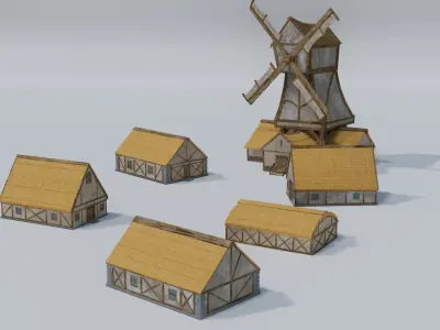 Medieval Stylized Village Pack Windmill Houses Low-poly 3D model