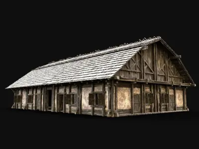 ENTERABLE LONG HOUSE BARN FOLK HUT FARM COTTAGE WOODEN CABIN AAA Low-poly 3D model