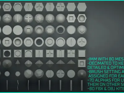 Stylized Rivet Screws Bolts Nuts - Over 80 Insert mesh Zbrush 3D model