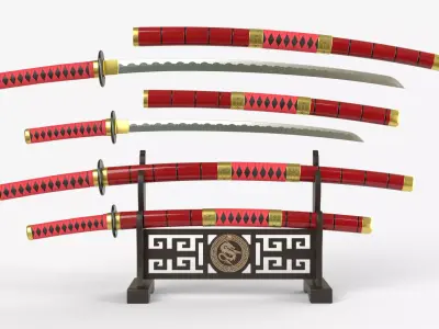 Red Double Bladed Katana Wakizashi and Stand 3D model