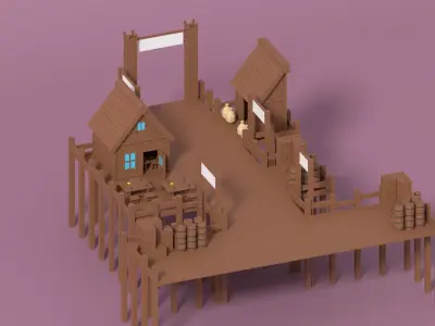 Cartoon Medieval Port and Props Low-poly 3D model