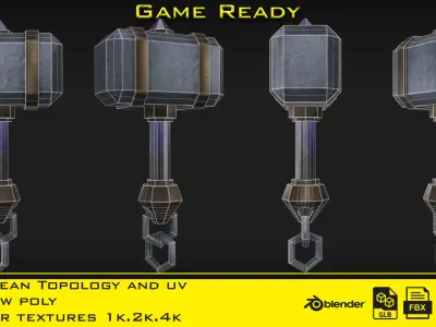 3 Stylized mini hammer - Game ready Low-poly 3D model