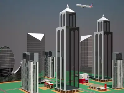 Part of a City with Animated Aircraft 3D model