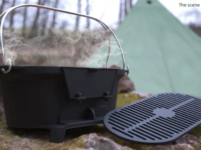 Open Cast Iron Grill with Burning Coals 3D model