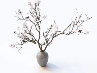 Twig with flowers and a bird in ceramic vase 3D model