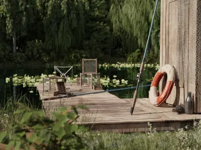 Fishermans platform by the lake Low-poly 3D model