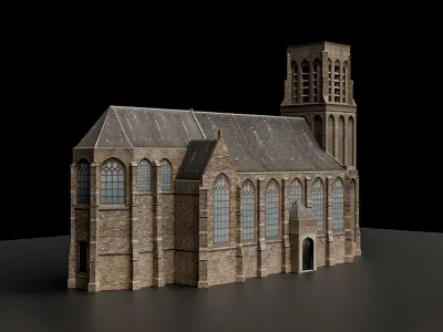 Old town Medieval church Low-poly 3D model