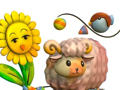 Cartoon 3D illustration Dog Sheep Sunflower Bird 3D model