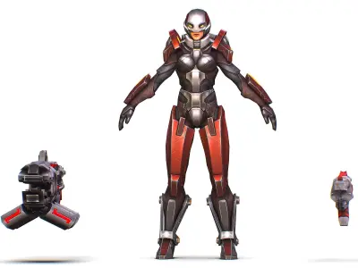 Cartoon Sci-Fi Cyborg Drone Heavy Machine Gunner Low-poly 3D model