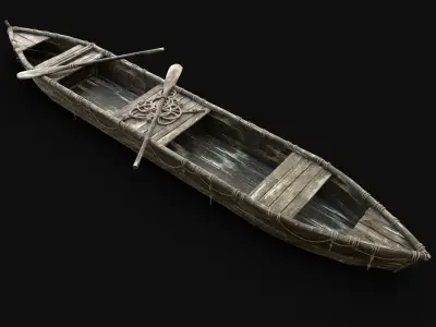 LONG BOAT ROWBOAT WOODEN FISHERMAN RIVER FISH LAKE CANOE SHIP Low-poly 3D model