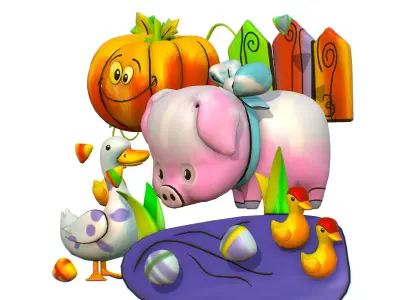 Cartoon 3D illustration Pig Duck Pumpkin Goose Low-poly 3D model