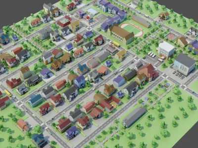 City Private houses Low-poly 3D model