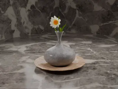 Realistic Marble Flower Vase with Daisy on Stone Plate Free 3D model