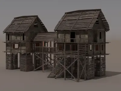 Low Poly Multi-Storey Wooden House Low-poly 3D model