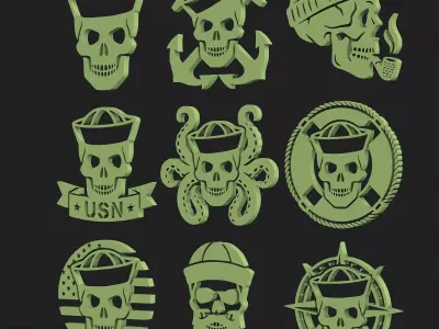 American Sailor Skull Bundle  9 Nautical Military STL Designs 3D print model