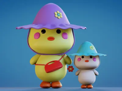 Cute little Duck with Duckling Low-poly 3D model