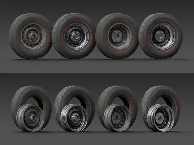 Set of 5 mid-poly vintage car wheels 3D model