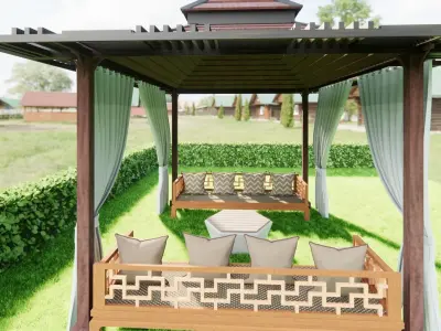 wooden pergola with curtain  3D model