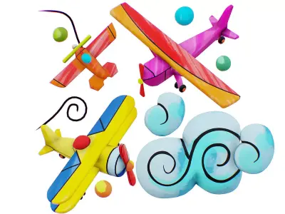 Aircraft Biplane Scenery - Aeroplane Toy - Sky Transport Low-poly 3D model