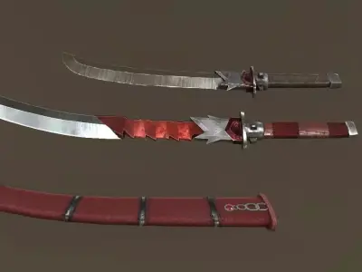 Stylized dragon Wakizashi and Katana with sheath Low-poly 3D model