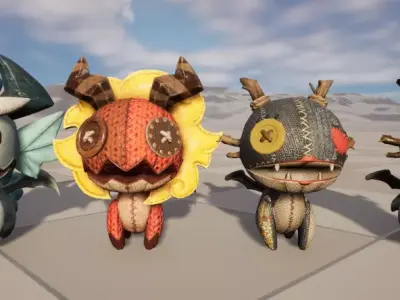 Four stylized small fire dragon dinosaurs with skeletal skin Low-poly 3D model