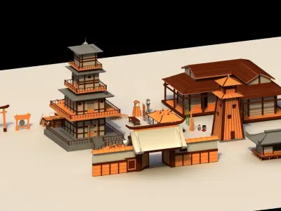 Low Poly Traditional Japanese Town Low-poly 3D model