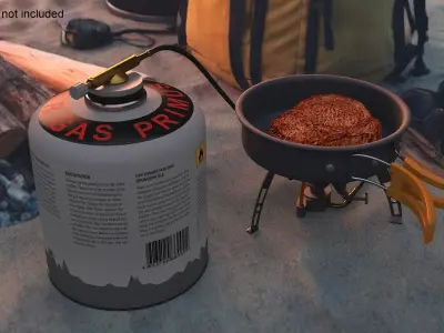 Camping Frying Pan with Steak on Gas Burner 3D model