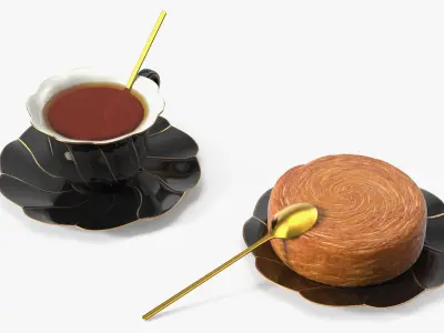 Tea Tableware Set with Cup Saucer and Pastry 3D model