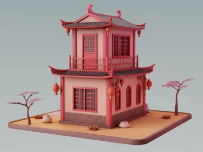 Stylized Chinese House 01 Low-poly 3D model