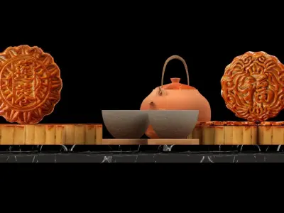Chinese moon cake with teapot set 3D model