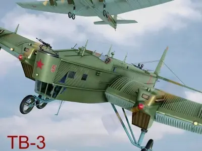 TB-3 russian biplane with propellers flying in sky 3D model