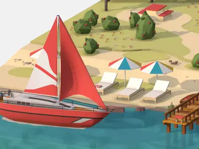 Red Yacht Scene MotorBoat Red Low-poly 3D model