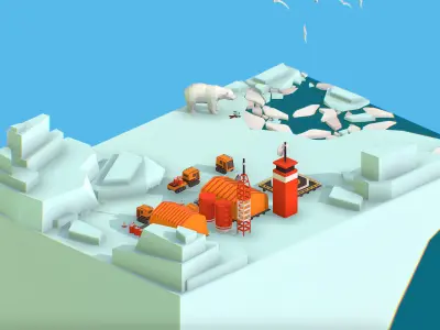 Polar Station on Glacier Polar Bear Low-poly 3D model