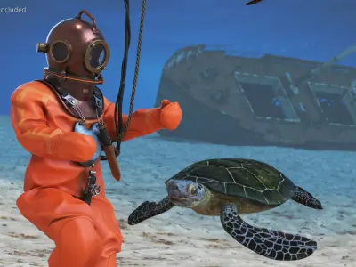Vintage Deep Sea Diver Suit and Turtles 3D model