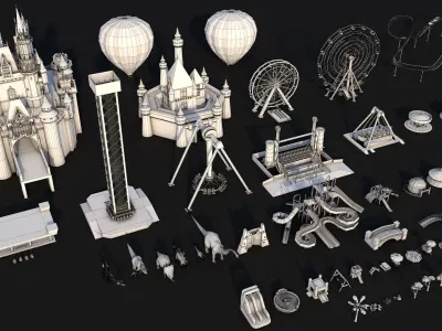 Poly Amusement Park Props Pack Collection Low-poly 3D model