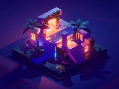 Ancient-ruins-night Tree with water low poly model Low-poly 3D model