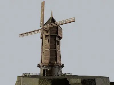 Windmill wooden fence Low-poly 3D model