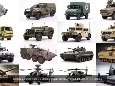 Military Vehicles Pack 75 Models Trucks Tanks Armored Jet Marine