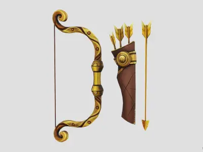 Golden Bow Gold Arrow Brown Leather Quiver Lowpoly Weapons Low-poly 3D model
