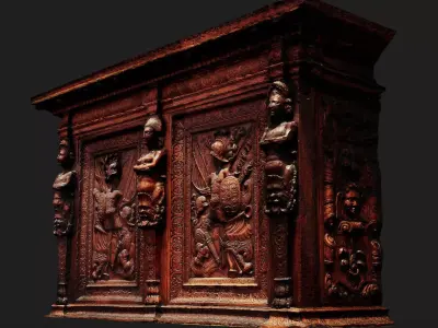 ancient wooden furniture ornaments PBR photogrammetry Low-poly 3D model