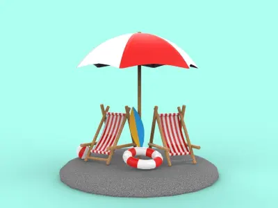 beach chair and umbrella Low-poly 3D model