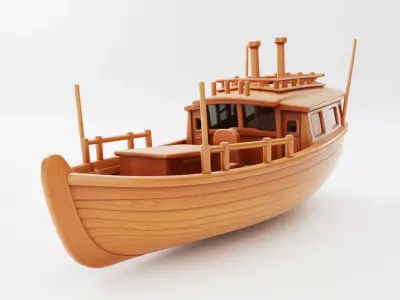 Wooden Fishing Boat 3D Classic Rowboat Cabin Railings Low-poly 3D model