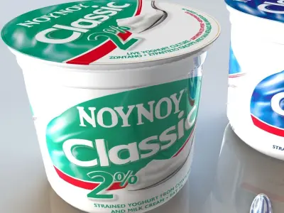 Yogurts pack and spoon 3D model 3D model