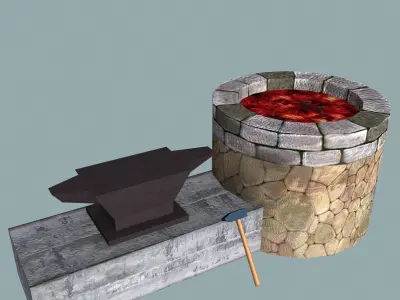 Blacksmith fire pit with hammer and iron Low-poly 3D model