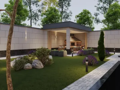 landscape courtyard design and kitchen design Free 3D model