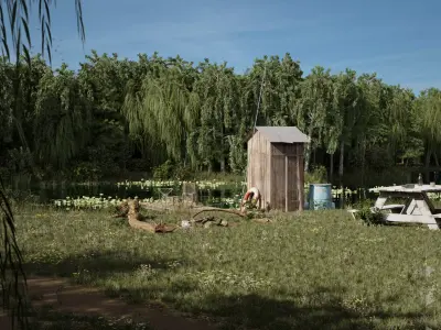 Fishermans platform by the lake Low-poly 3D model