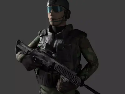 Soldier in camouflage holding rifle Low-poly 3D model