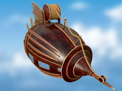 Airship PBR game ready steampunk ship flying in sky Low-poly 3D model