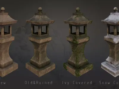 4 Japanese Shinto Stone Lanterns-Toro Lantern PBR-4 versions Low-poly 3D model