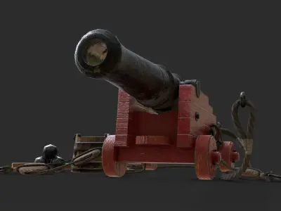 Old Naval Cannon - Painted Wood Low-poly 3D model